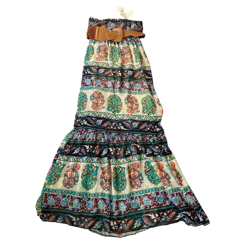 NWT Vintage Young At Heart Bohemian Maxi Skirt Tiered has Belt Small